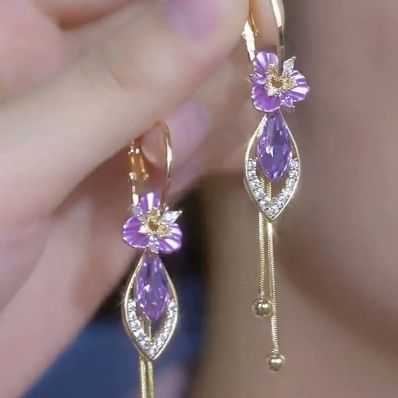 Purple Zircon Flower Tassel Earrings for Women, Elegant Luxury Dangle Jewelry – Unique Trendy Design HNEH0039