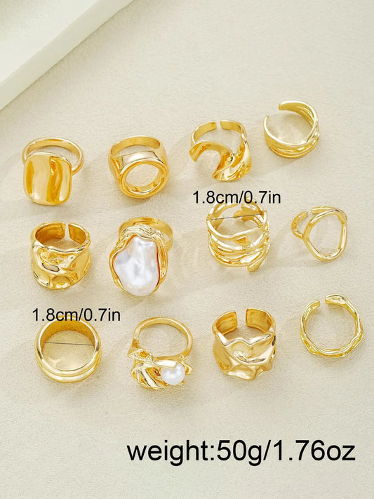 12-Piece Fashion Pearl Irregular Geometric Rings Set, Light Luxury Joint Ring Collection, Stylish Jewelry for Women HNJZ0042