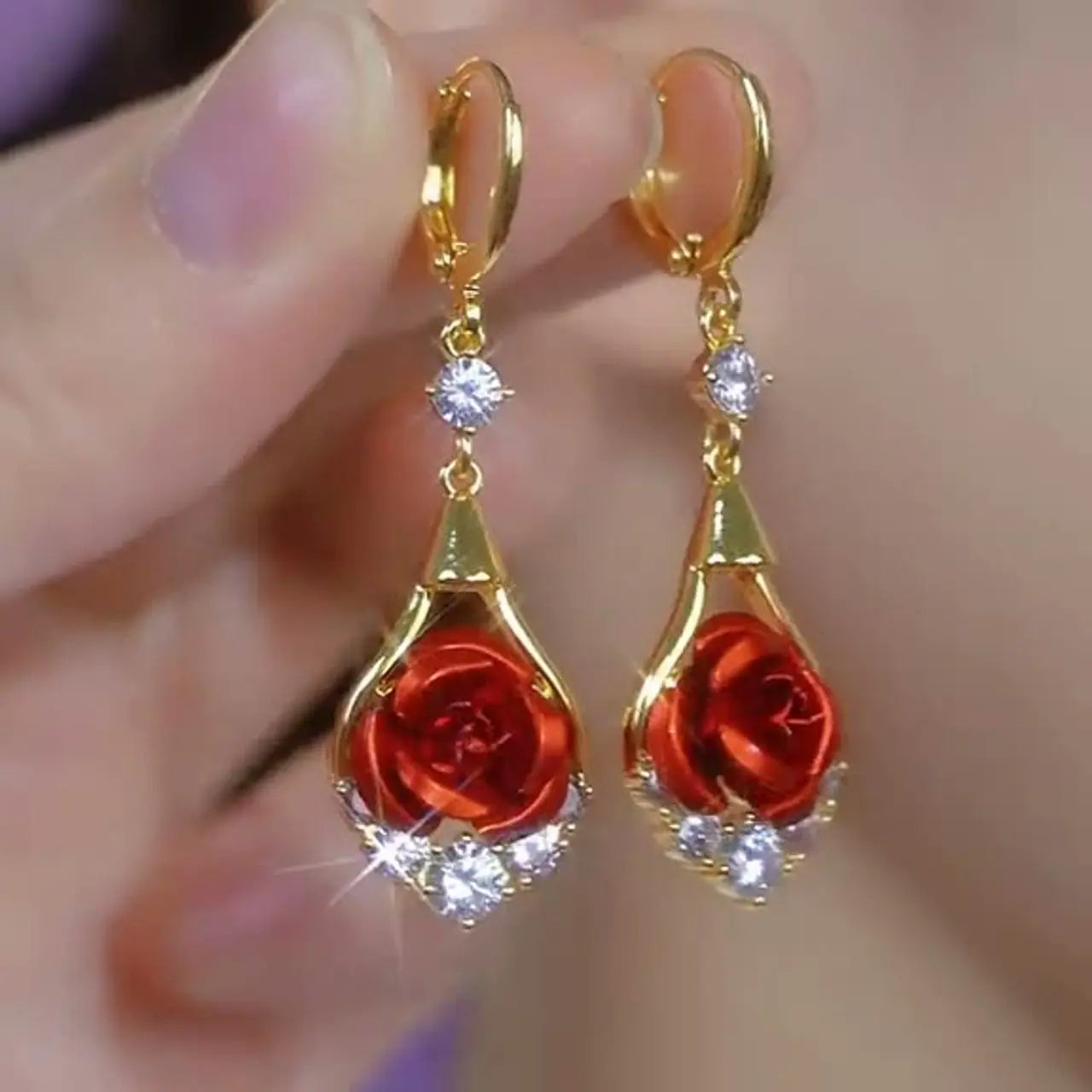 Rose Drop Earrings 14K Gold Plated Sparkling Crystal Tassel Design, Chic Elegant Fashion Jewelry Water Drop Earrings for Women HNEH0028