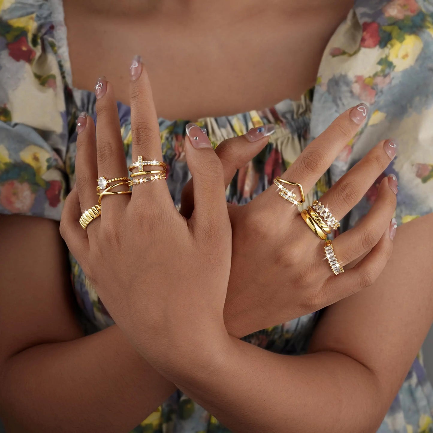 Gold-Tone 12-Piece Ring Set for Women: Versatile Mix & Match Styles with Zircon & Stripped Design - Chic Everyday Jewelry HNJZ0005