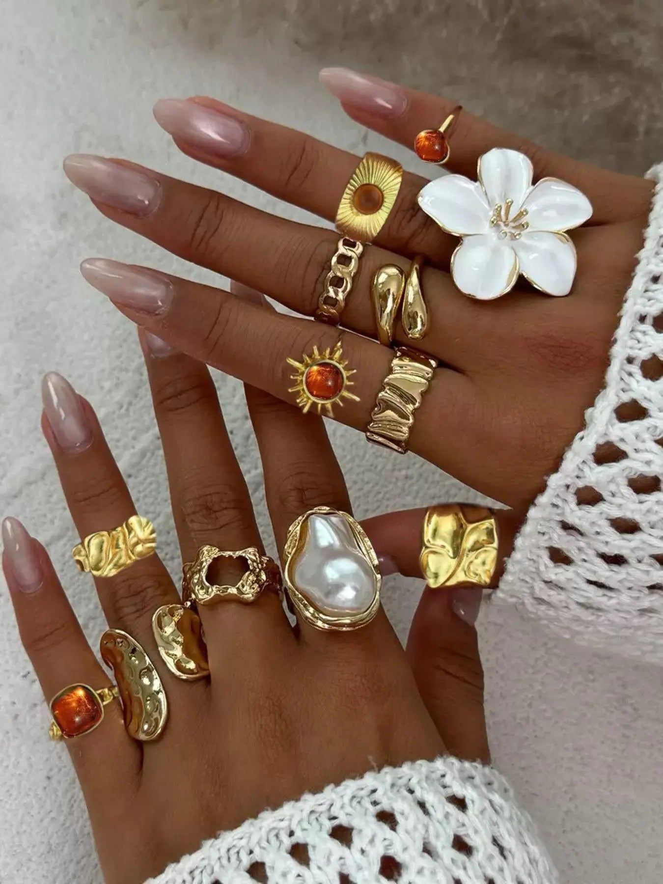Mother's Day Gift Elegant Floral Imitation Pearl Ring Set, Zinc Alloy Wide Band Women's Rings, Statement Multi Ring, All-Season Jewelry Gift for Parties & Birthdays HNJZ0007