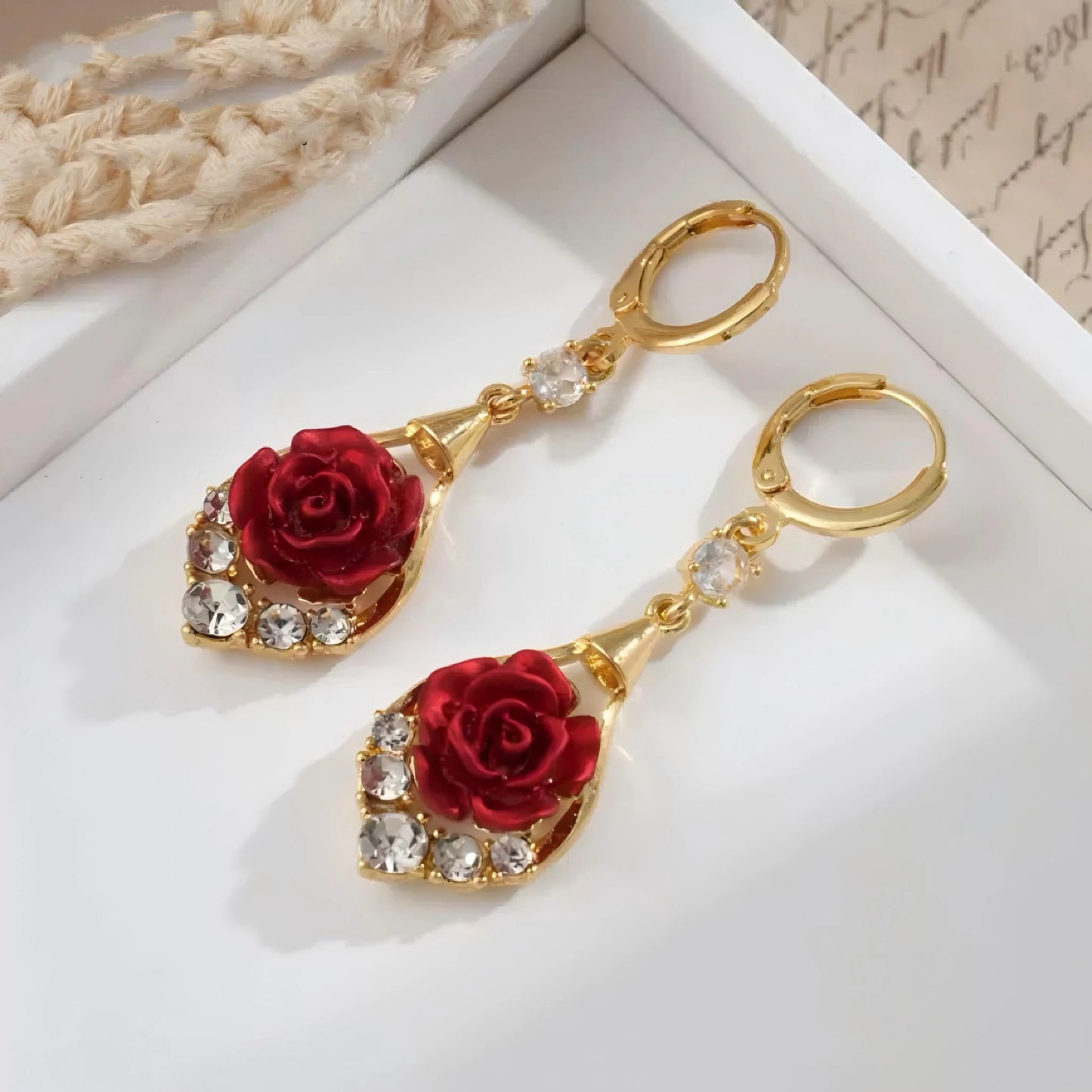 Rose Drop Earrings 14K Gold Plated Sparkling Crystal Tassel Design, Chic Elegant Fashion Jewelry Water Drop Earrings for Women HNEH0028