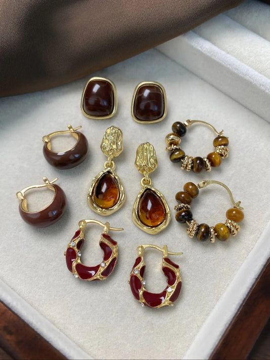 Brown Hoop Earrings - Synthetic Tiger Eye Beaded & Enamel Huggie Hoops, Vintage Earrings for Women, Daily & Party Jewelry HNEH0062