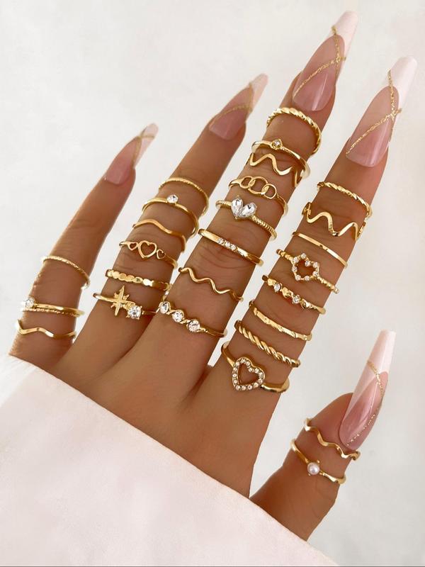 Heart & Geometric Design Ring Set, Stacking Ring Set, Fashion Accessories for Women & Girls, Casual Jewelry for Party, Daily Clothing Decor, Trendy All-match & Exquisite Jewelry for Birthday Gift HNJZ0026