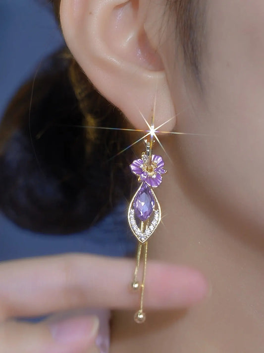 Purple Zircon Flower Tassel Earrings for Women, Elegant Luxury Dangle Jewelry – Unique Trendy Design HNEH0039