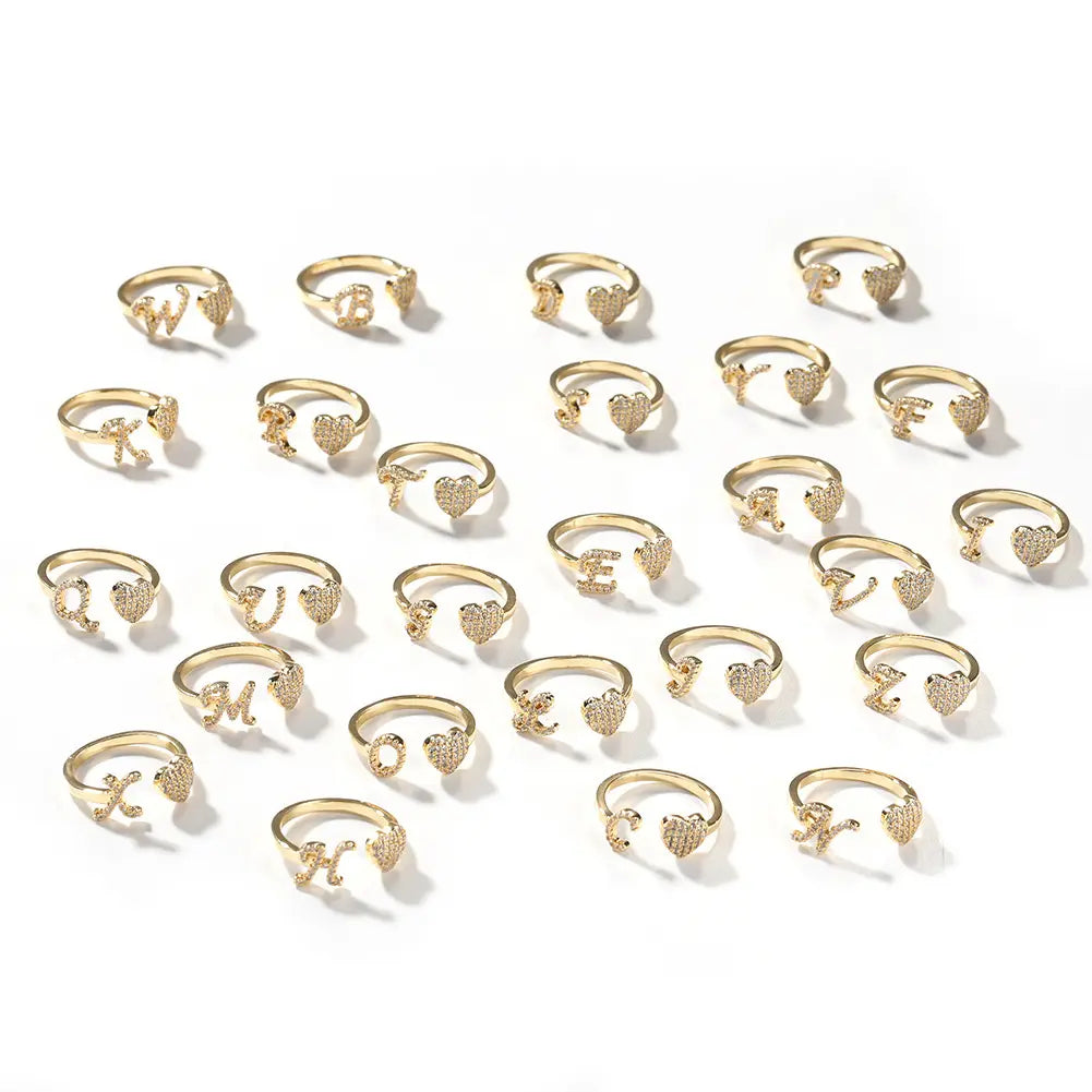 Initial Ring for Women, 14k Gold Plate Heart&Letter Rings Open Adjustable Trendy Rings Jewelry Gifts Size 6-10 HNJZ0031