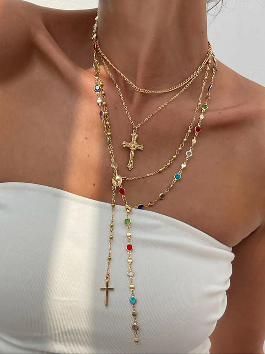 4 Piece Set Vintage Metal Jesus Cross Y-Style Long Necklace, Bohemian Style Boho Chic Colorful Crystal Glitter Religious Cross Design Pendant Jewelry, Perfect Fashion Gift for Women HNXL0014