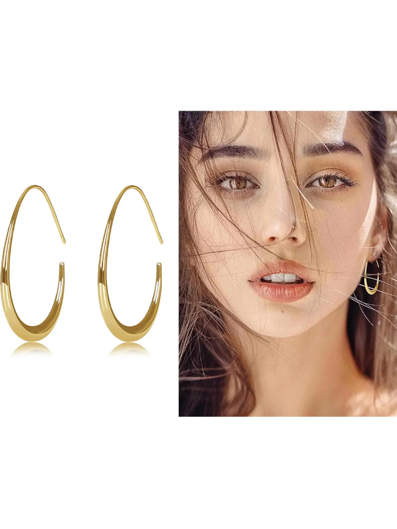 Hypoallergenic Lightweight Earrings for Women, 18K Real Gold Plated Brass Large Oval Pull Through Earrings, High Polished Comfortable Statement Jewelry Gift for Women, Hoop Shape Earrings, Hoop Earrings HNEH0025