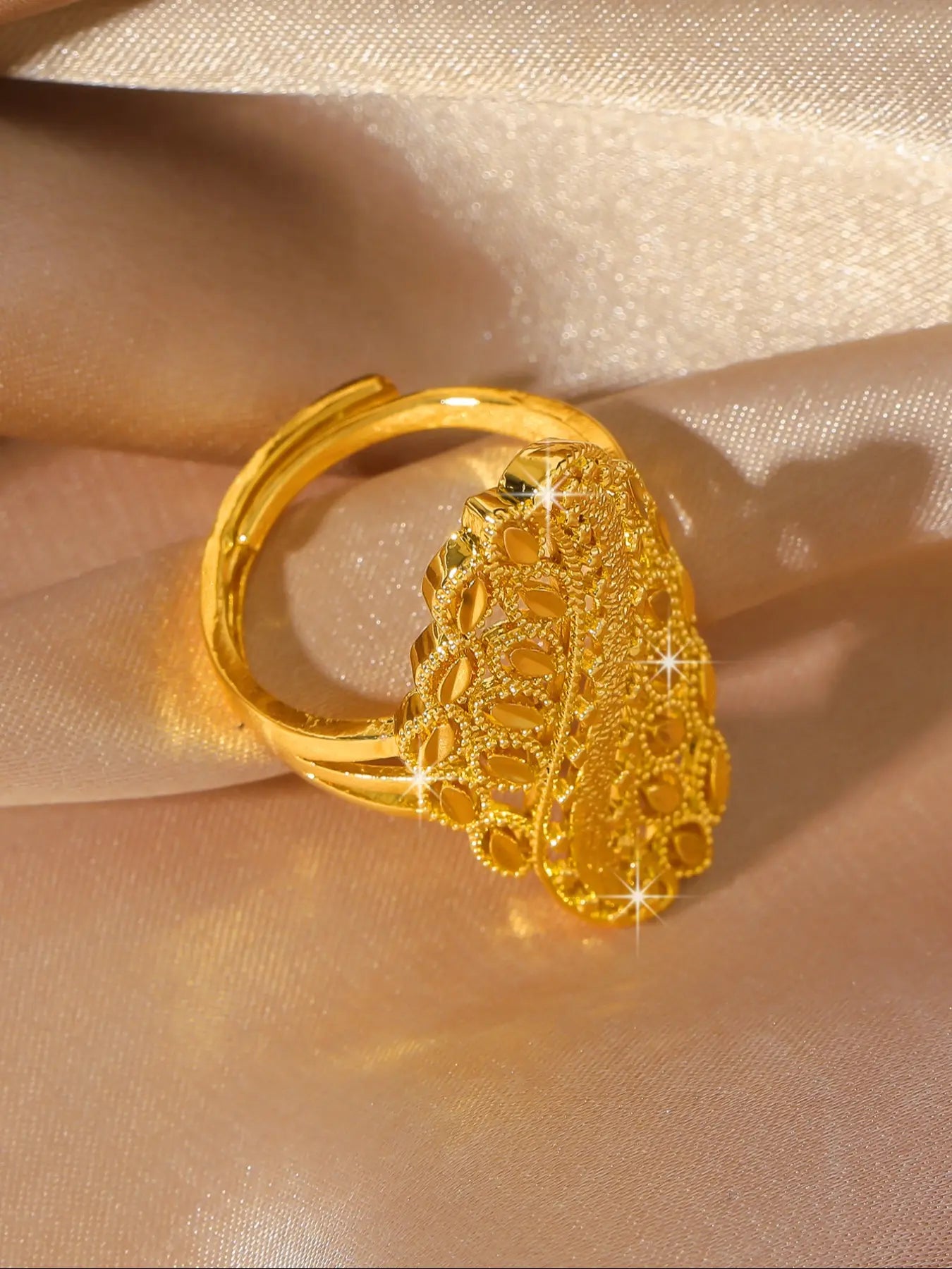 Gold Plated Copper Leaf Hollow Adjustable Ring, Middle Eastern Style Long Statement Ring for Women, Wedding Party Jewelry  HNJZ0058