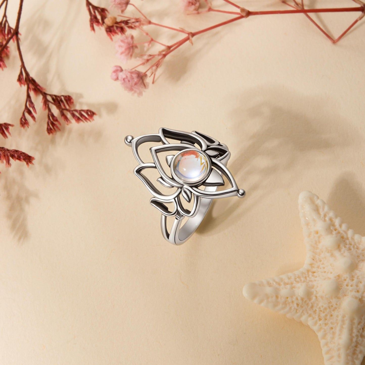 925 Steling Silver Moonstone Lotus Ring, Vintage Spiritual Growth and Enlightenment Jewelry, Symbol of the Goddess Heqet, Pagan Symbol, Synthetic Moonstone Lotus Flower Jewelry Gift for Mom Girlfriend, Mother's day Gift HNJZ0019