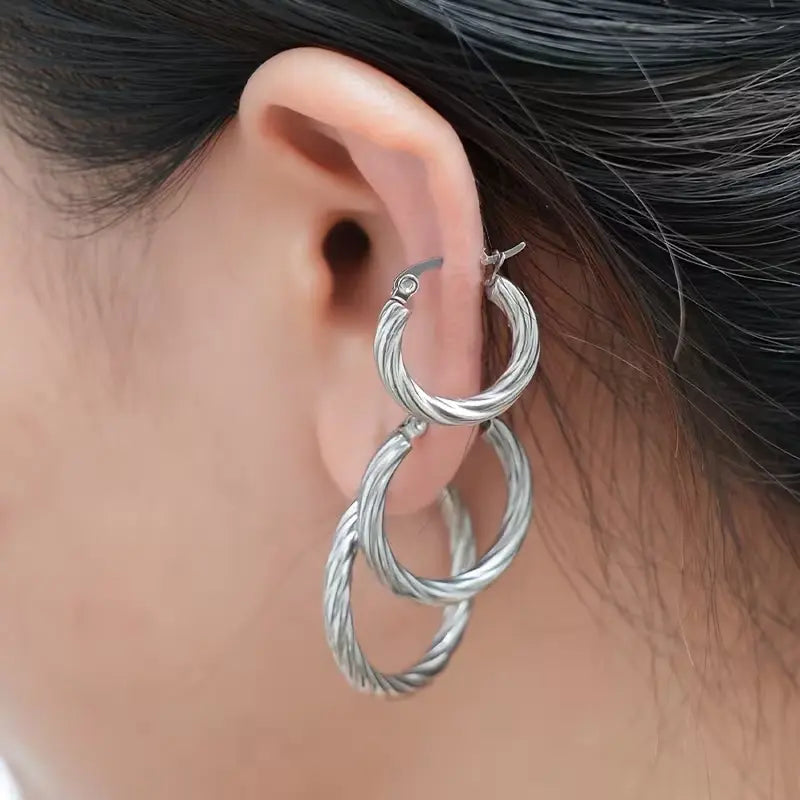 3 Pairs Women'S Hypoallergenic Stainless Steel Hoop Earrings Set - Minimalist Twisted Round Hoops, Sensitive Light Be Safe, Everyday & Valentine'S Day Jewelry Gift accessories for women HNEH0016