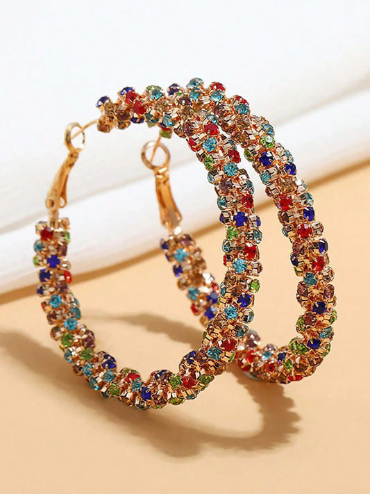 Colorblock Rhinestone Decorated Hoop Earrings for Women, Statement Hoops Earrings, Daily Use, Trendy Exquisite Jewelry for Birthday Gift, High-Quality Earrings HNEH0002