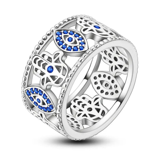 Wide Silver-Plated Ring - Blue Evil Eye, Hand of Hamsa, Cubic Zirconia Accents, Durable Cultural Jewelry with Spiritual Protection Connotations, Meaningful Style Statement HNJZ0046