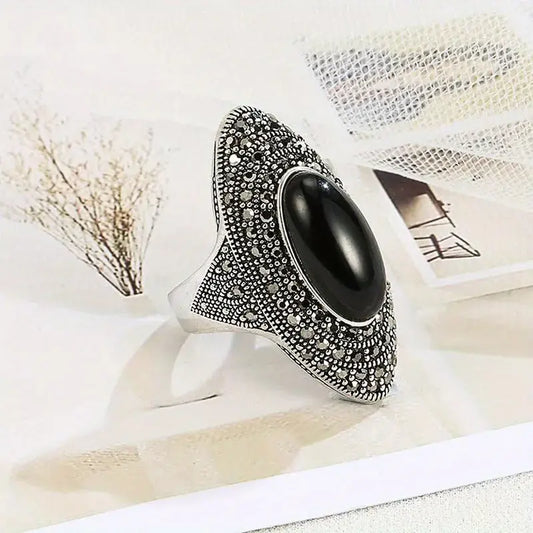 S925 Mother's Day Black Marcasite Vintage Silver Ring with 5 A Cubic Zirconia, Antique Silver Big Black Onyx Stone Ring, Retro Luxury Unisex Jewelry, Bold Oval Design Daily Wear Jewelry Gift for Engagement, Anniversary, and Special Occasions HNJZ0045