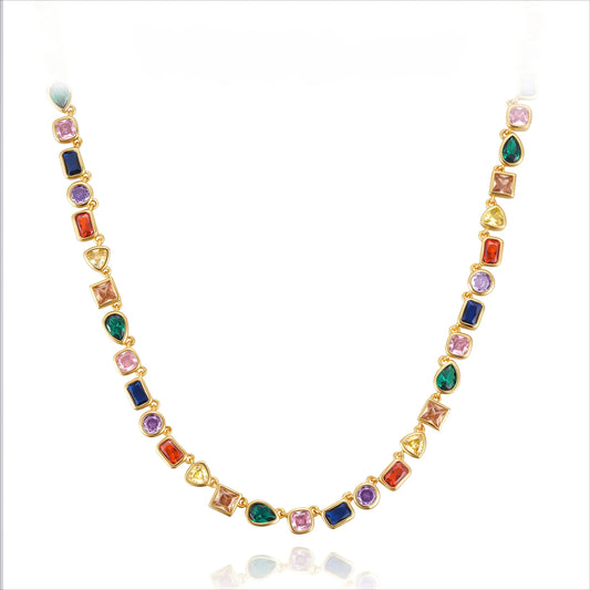 14K Gold Plated Rainbow Tennis Necklace - Unisex Colorful CZ & Emerald Gemstone Chain - 15+3.5” Adjustable Choker - Perfect Birthday Gift for Him & Her, mothersdaygift HNXL0026