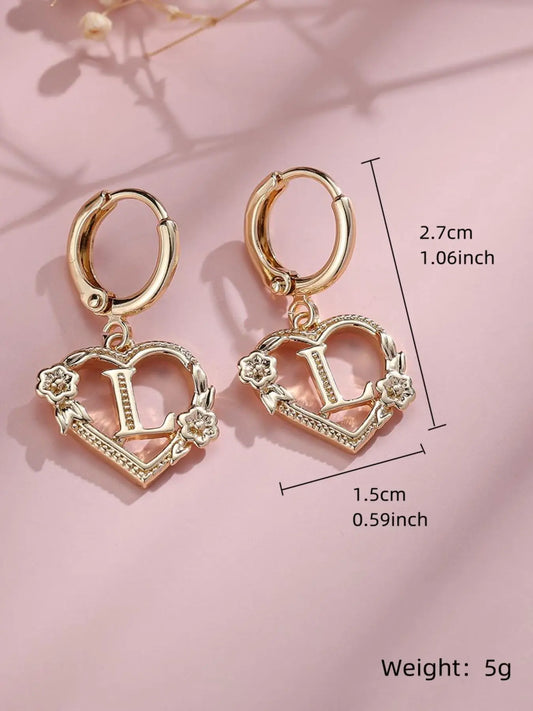 Fashionable Heart & Flower Design Dangle Earrings, Heart Shaped Earrings, Letter Design Drop Earrings for Women, Trendy All-match & Exquisite Jewelry for Birthday Gift HNEH0001