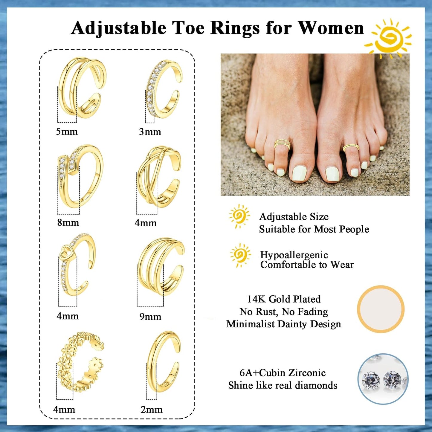 8 Pcs Toe Rings for Women Gold Silver Simple Open Adjustable Band Toe Rings Set Beach Foot Jewelry for Summer Gold Plated Copper Hypoallergenic Stackable Rings, Toe Ring Stackable, Gold Plated Toe Rings HNJZ0003