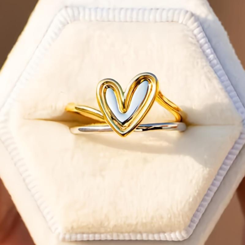 Minimalist Asymmetric Two-Tone Heart Ring for Women, Creative Stylish Casual Daily Accessory, Perfect Valentine's Day Gift HNJZ0013