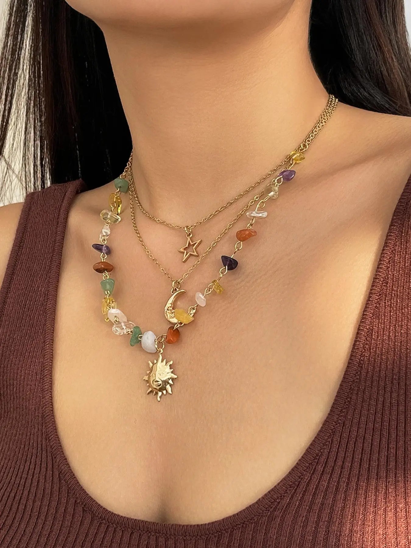 Women's Boho Style Beaded & Pendant Necklace, Vintage Trendy Beaded & Pendant Necklace, Fashionable Jewelry for Women As Gift without Box, Celestial Necklace HNXL0031