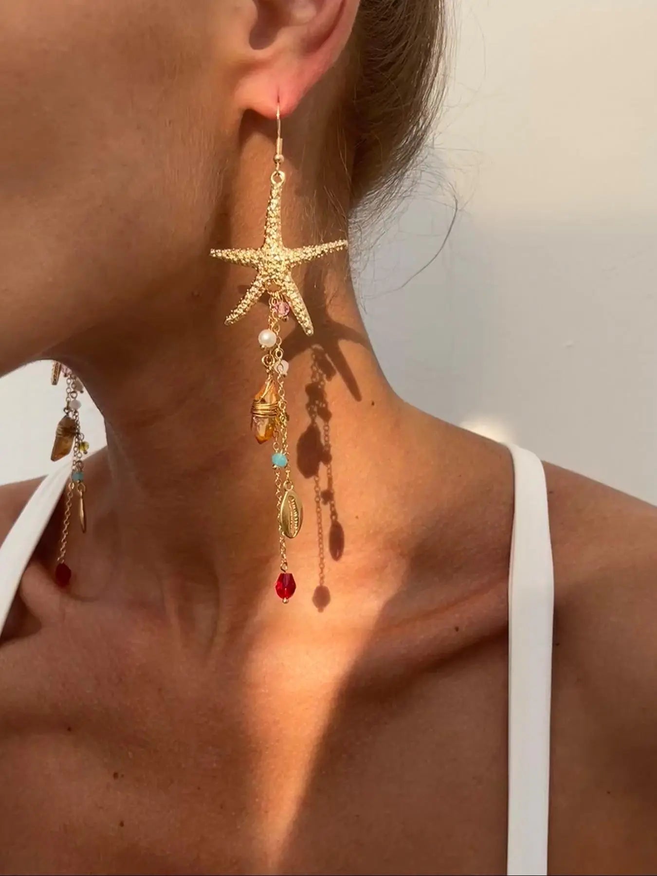 Women's Boho Style Alloy Statement Earrings, Ocean-Inspired Starfish Shell Design, Irregular Crystal Beaded Dangle Jewelry for Daily Wear & Vacation HNEH0012