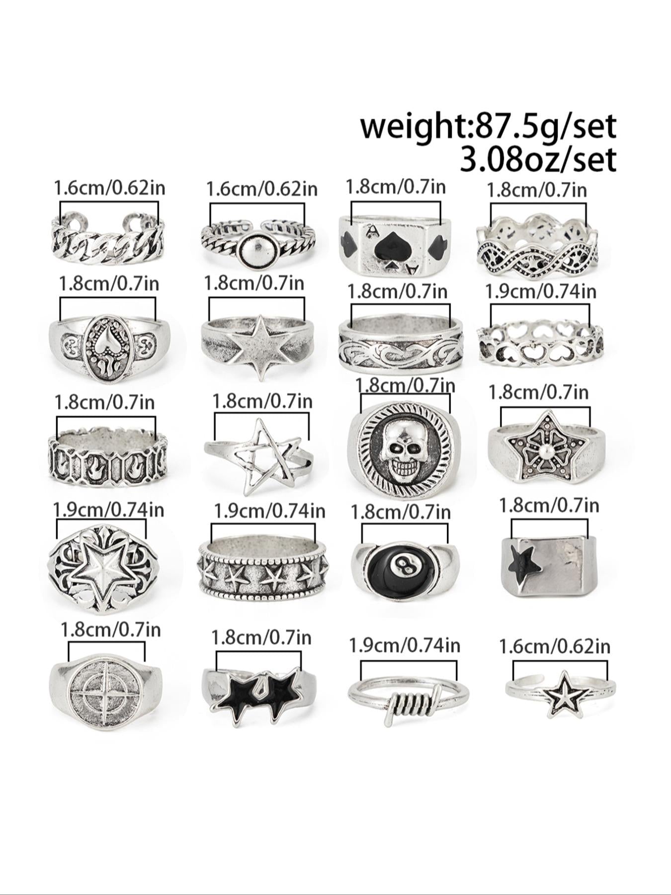 20 Piece Vintage Star Skull, Dark Punk Joint, Holiday Gift, Street Style Charm Accessories, All Seasons, Stackable Rings, Statement Rings, Vintage Rings Jewelry HNJZ0011