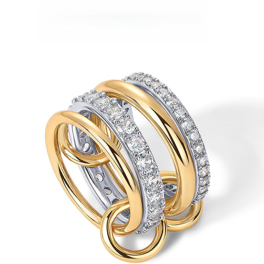 Gold  Interlocked Stackable Rings for Women - Statement Multi Ring Mixed Metals Stack - Cubic Zirconia Two-Toned Stacking Jewelry HNJZ0055