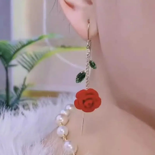 New women's red rose vintage earrings, elegant retro design, long and delicate tassels, simple and stylish jewelry, embellished with sparkling crystals HNEH0034