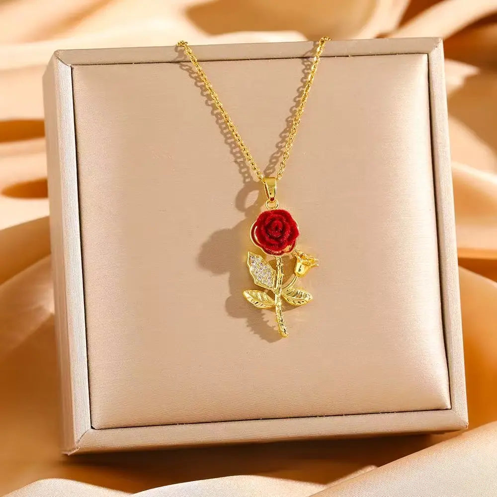 Rose Flower Full Diamond Light Luxury Elegant Necklace for Women, Versatile Clavicle Titanium Steel Chain HNXL0006