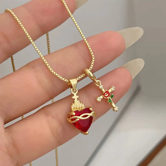 New Heart-shaped Rose Cross Multi-pendant Necklace with Love Zircon Sacred Heart Collarbone Chain HNXL0002