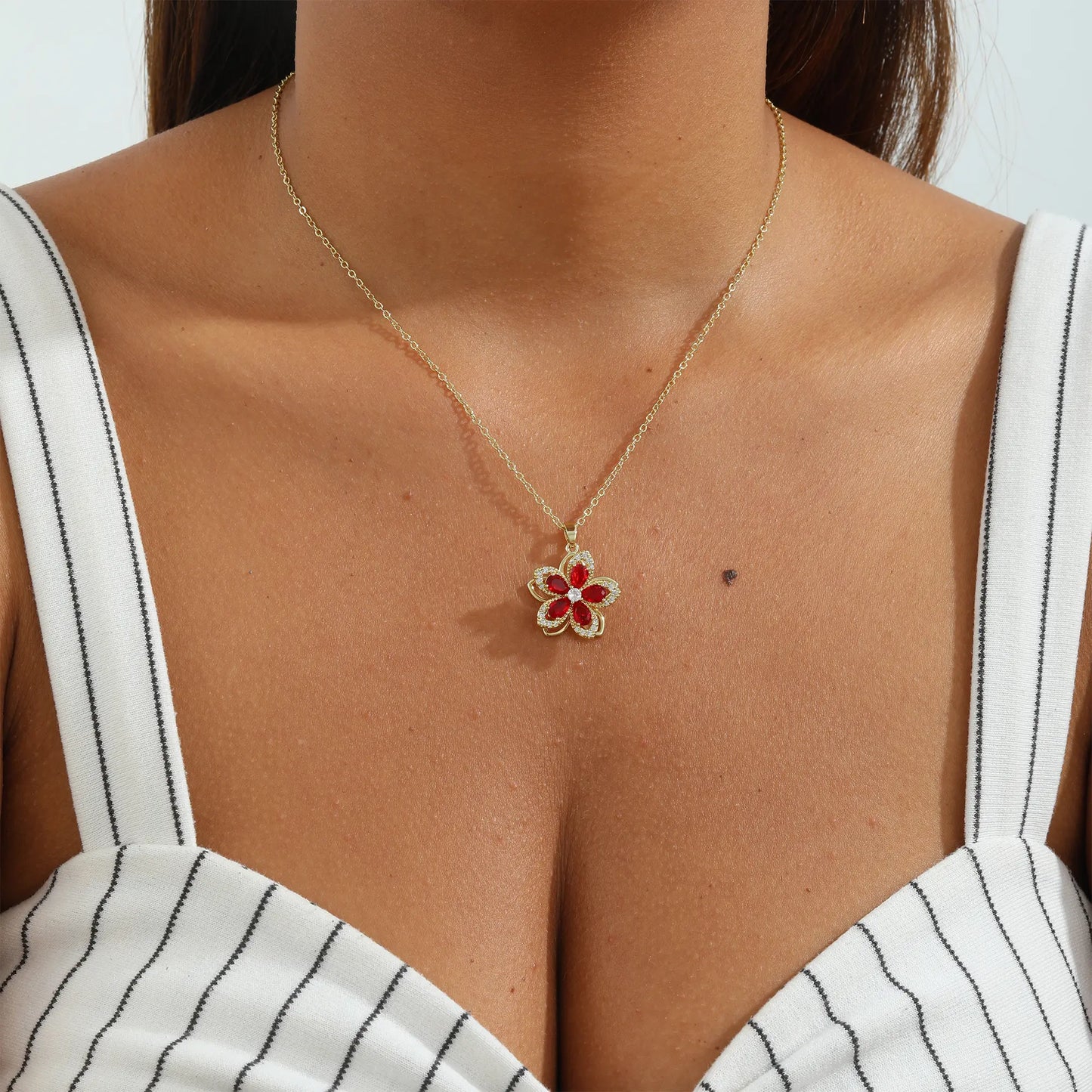 Birthstone Flower Necklace for Women 14K Gold Plated Dainty Decompression Necklace Rotatable Crystal Silver Blossom Pendant Necklaces Adjustable Spinning Fidget Necklaces Redbud Flower Choker Funny Summer Jewelry Gift for Women HNXL0023