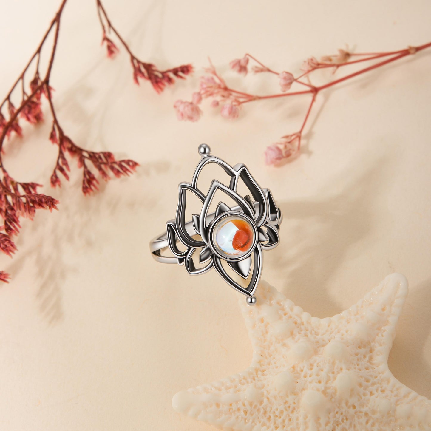 925 Steling Silver Moonstone Lotus Ring, Vintage Spiritual Growth and Enlightenment Jewelry, Symbol of the Goddess Heqet, Pagan Symbol, Synthetic Moonstone Lotus Flower Jewelry Gift for Mom Girlfriend, Mother's day Gift HNJZ0019