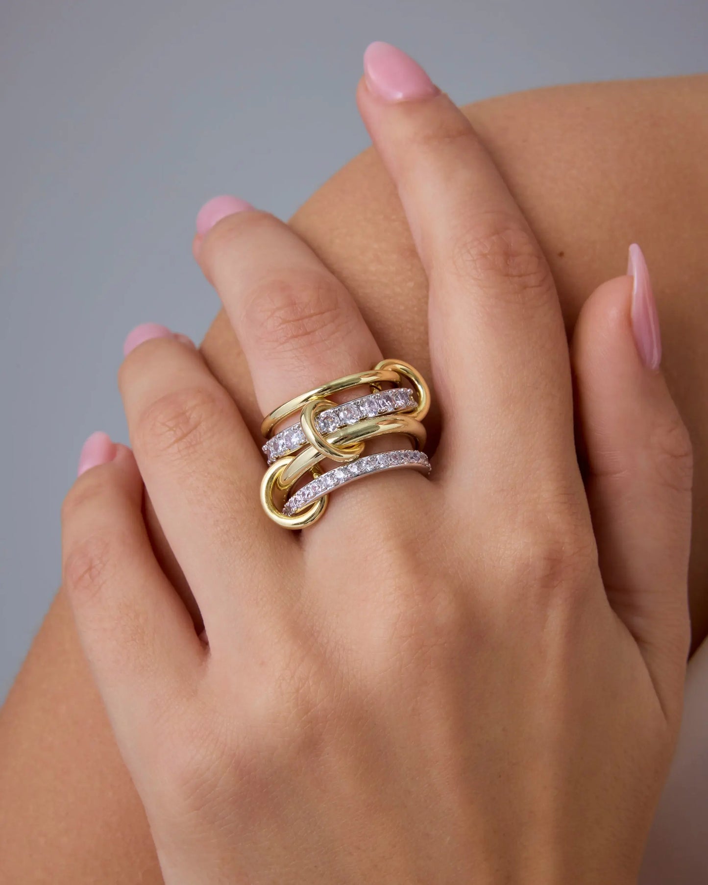 Gold  Interlocked Stackable Rings for Women - Statement Multi Ring Mixed Metals Stack - Cubic Zirconia Two-Toned Stacking Jewelry HNJZ0055