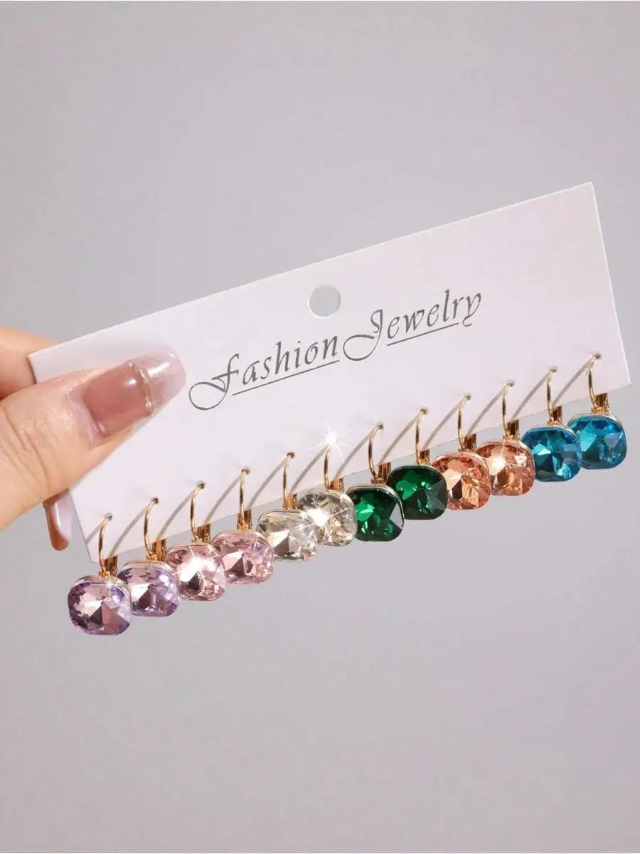 6 Pairs Colorful Glass Crystal Dangle Earrings, Elegant Drop Earrings, Fashion Jewelry for Women, Daily Wear & Gifting HNEH0064