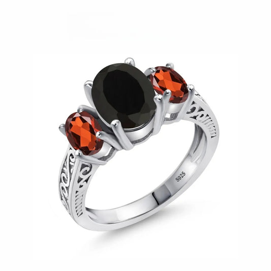 S925 Sterling Silver 2.73 Cttw Black Onyx and Red Garnet 3 Stone Ring For Women, Vintage Artificial Gemstone Jewelry, Vintage Synthetic Obsidian Ring Wedding Engagement Anniversary Promise Ring For Women, Statement Ring Gift for women  HNJZ0040