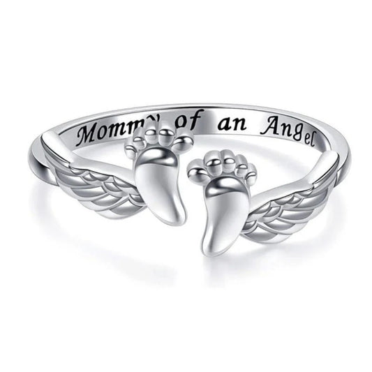 Adjustable Letter&Wing Design Cuff Ring, Unique Angel Wing & Foot Shape, "Mommy of an Angel" Engraving Open hug rings, Elegant All-match Accessories for Daily Wear, Perfect Gift for Mom, Girlfriend, Wife, or Friend HNJZ0009