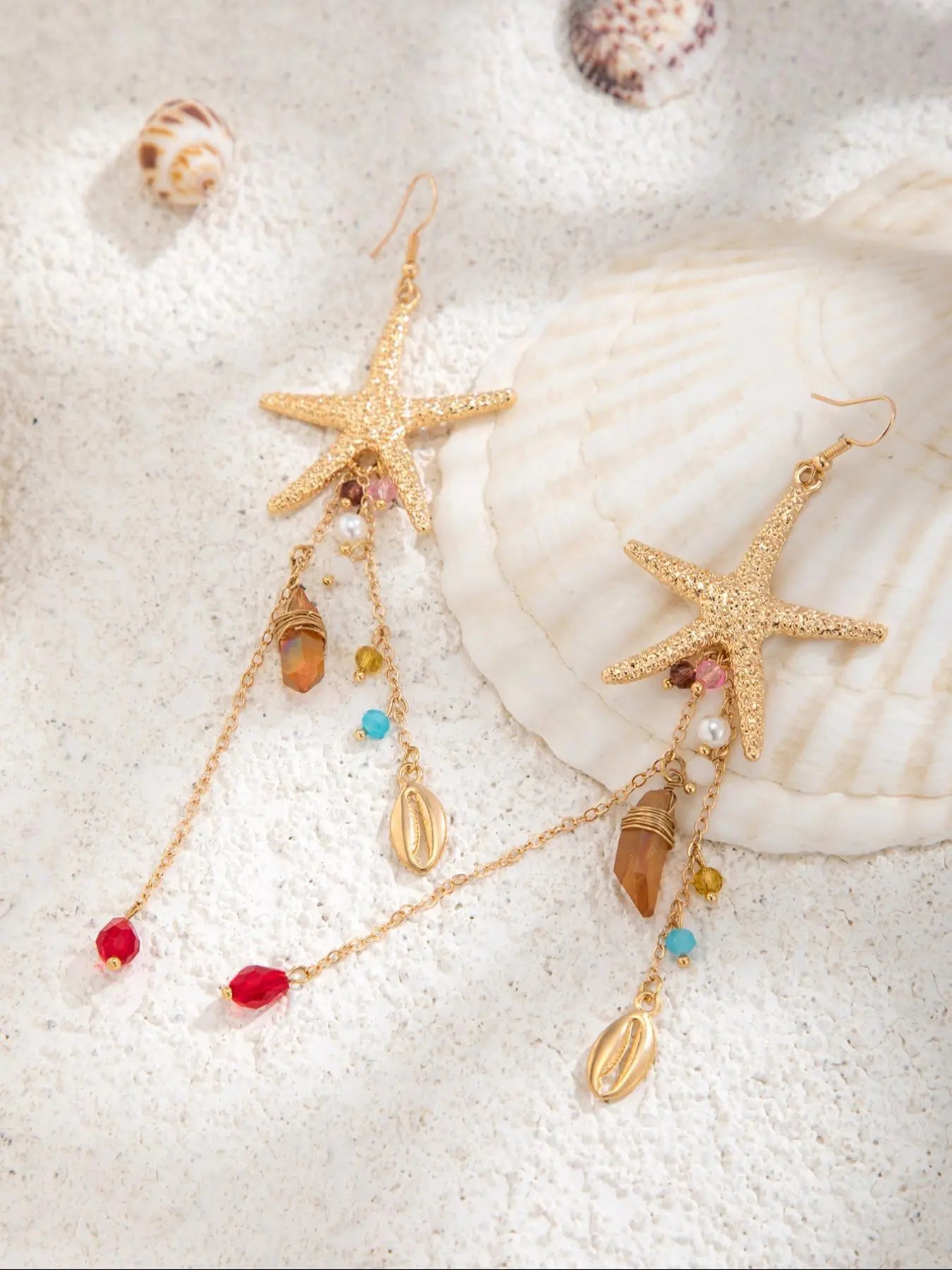 Women's Boho Style Alloy Statement Earrings, Ocean-Inspired Starfish Shell Design, Irregular Crystal Beaded Dangle Jewelry for Daily Wear & Vacation HNEH0012