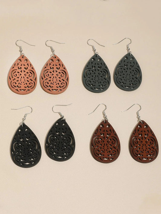 4 Pairs Boho Wooden Dangle Earrings Set - Hollow Out Teardrop Earrings, Vintage Lightweight Drop Earrings for Women, Casual & Party Jewelry HNEH0061