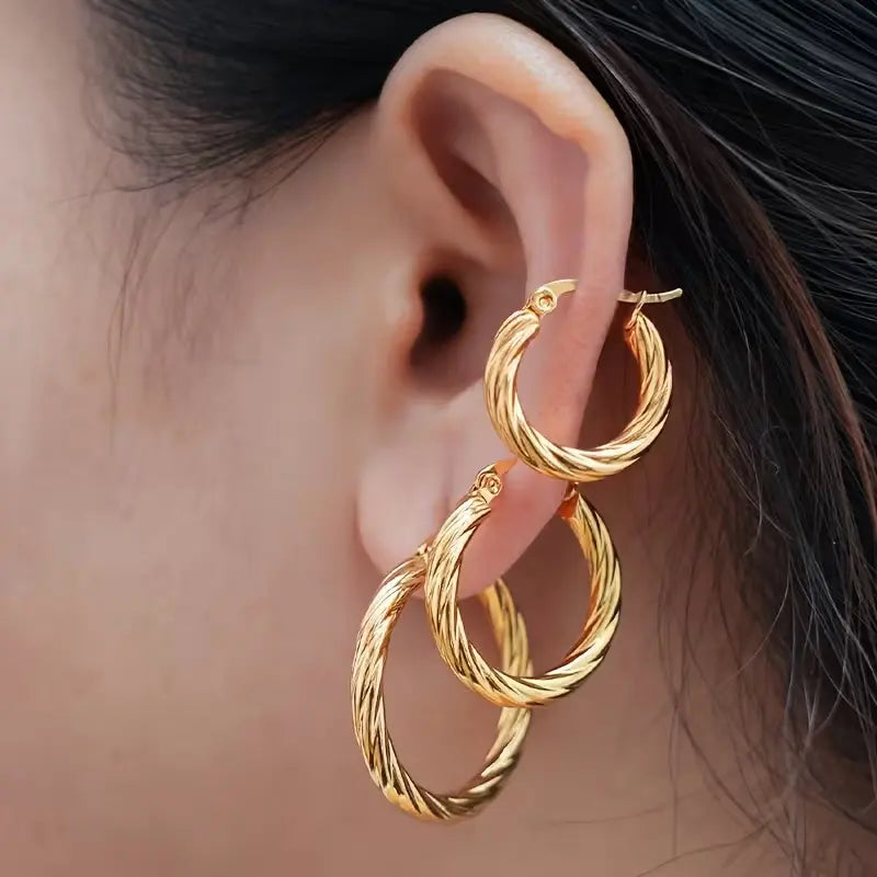 3 Pairs Women'S Hypoallergenic Stainless Steel Hoop Earrings Set - Minimalist Twisted Round Hoops, Sensitive Light Be Safe, Everyday & Valentine'S Day Jewelry Gift accessories for women HNEH0016