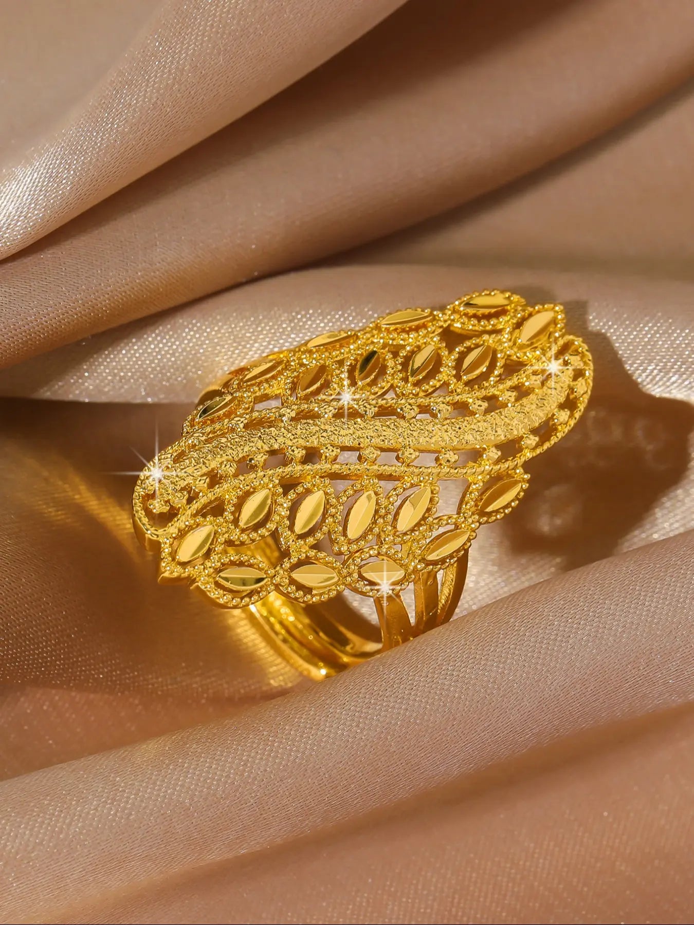 Gold Plated Copper Leaf Hollow Adjustable Ring, Middle Eastern Style Long Statement Ring for Women, Wedding Party Jewelry  HNJZ0058