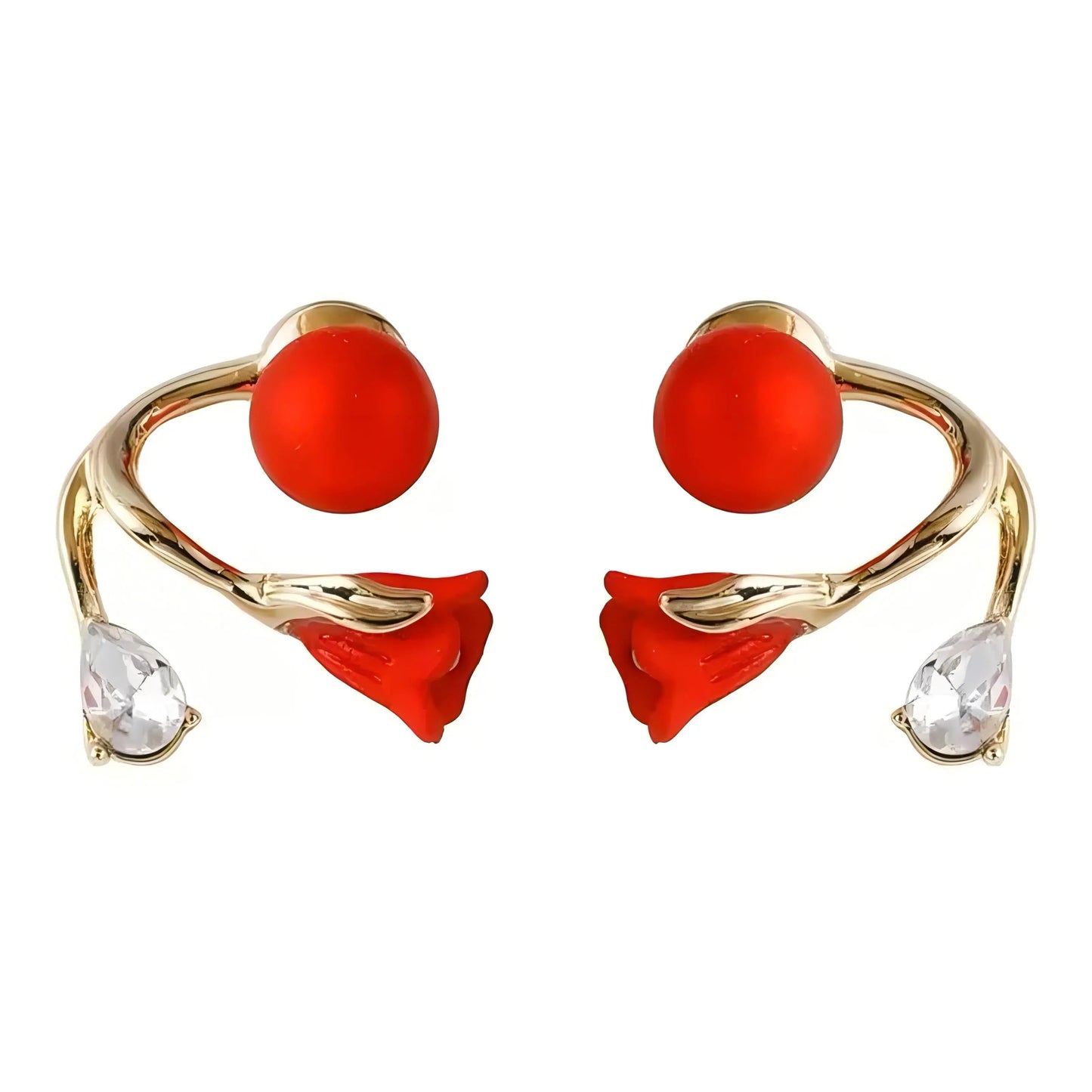 Red Flower Crystal Drop Earrings 14K Gold Plated Stud Earrings Rhinestone Floral Earrings Elegant Sparkling Earrings for Women Fashion Jewelry Gift HNEH0051