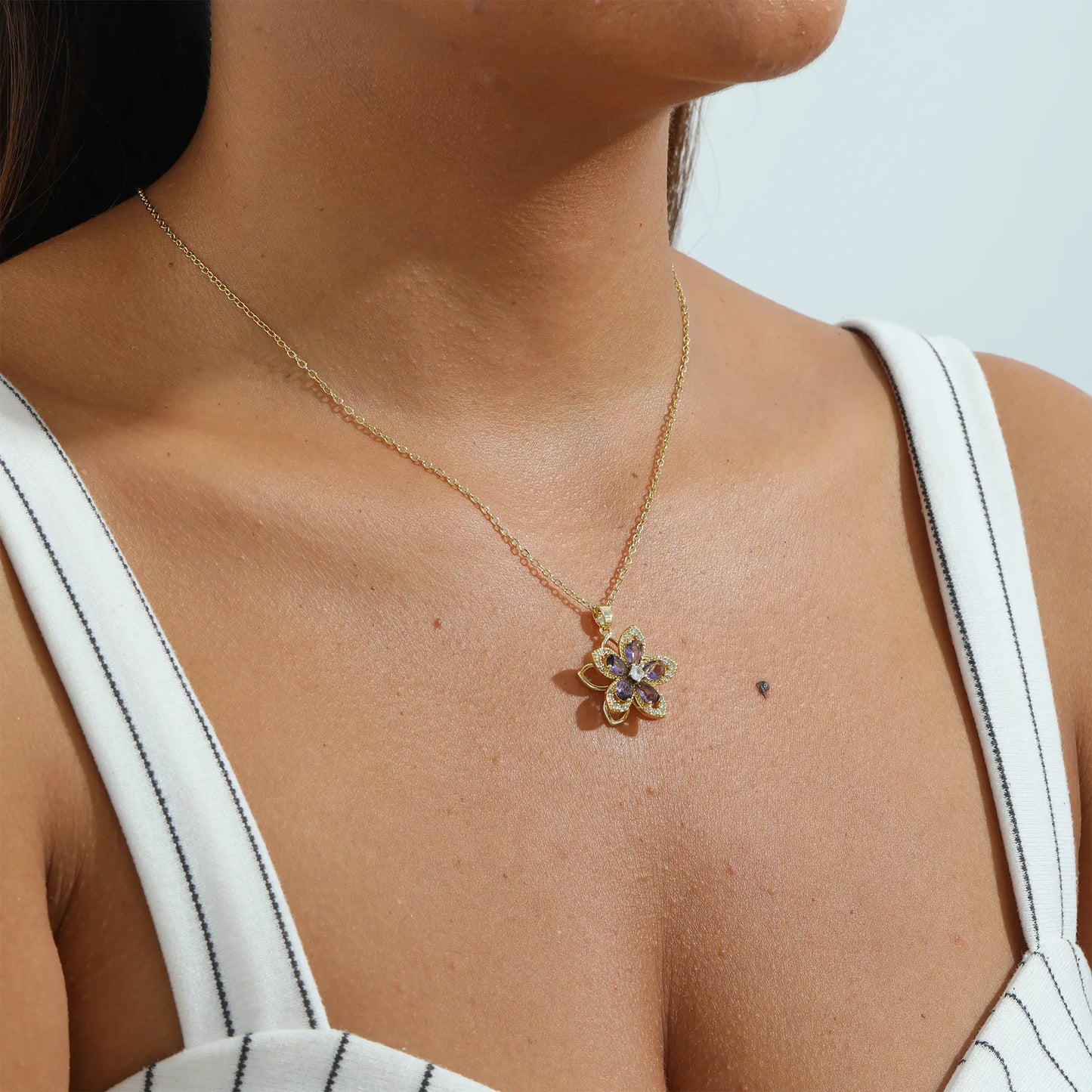 Birthstone Flower Necklace for Women 14K Gold Plated Dainty Decompression Necklace Rotatable Crystal Silver Blossom Pendant Necklaces Adjustable Spinning Fidget Necklaces Redbud Flower Choker Funny Summer Jewelry Gift for Women HNXL0023