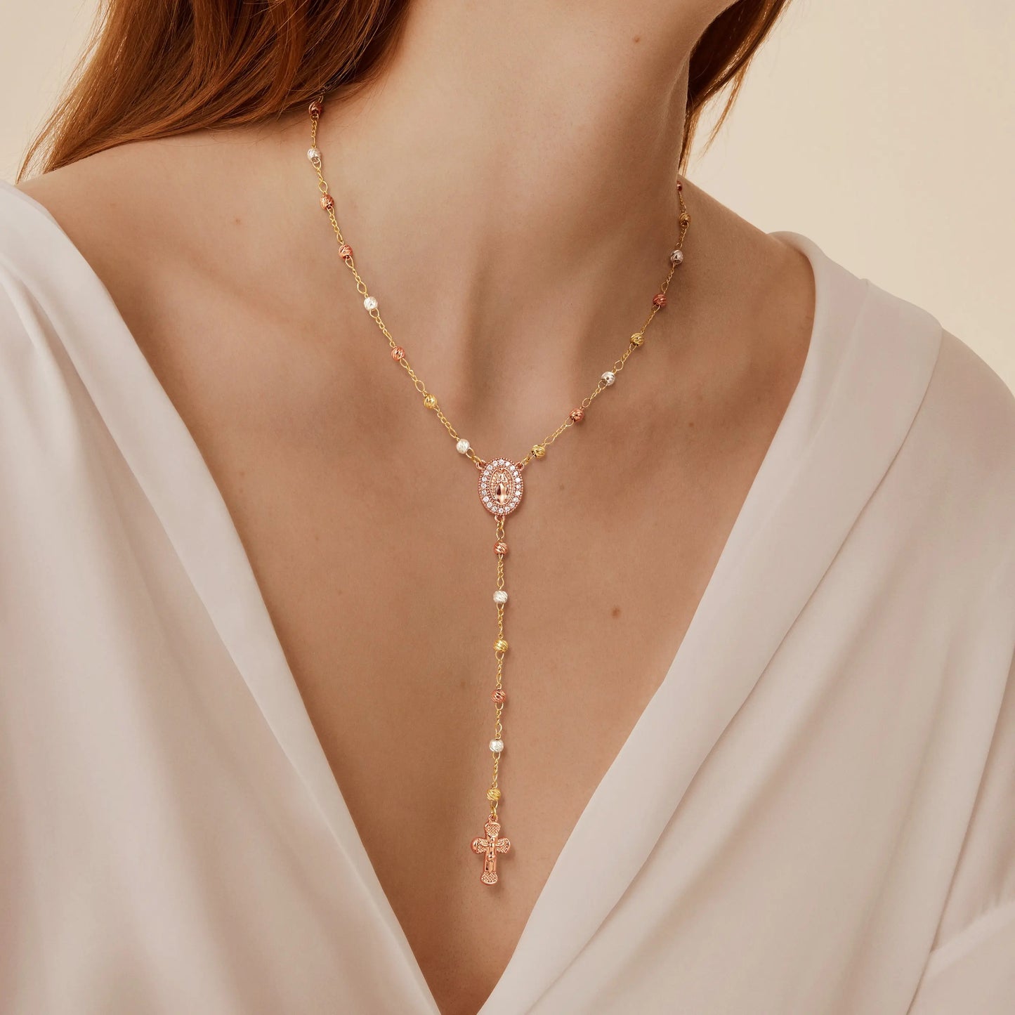 Gold Virgin Mary Necklace with Cross Dainty Y Chain Faith Jewelry Gift For Women Elegant Design Long Versatile Use For Easter HNXL0032