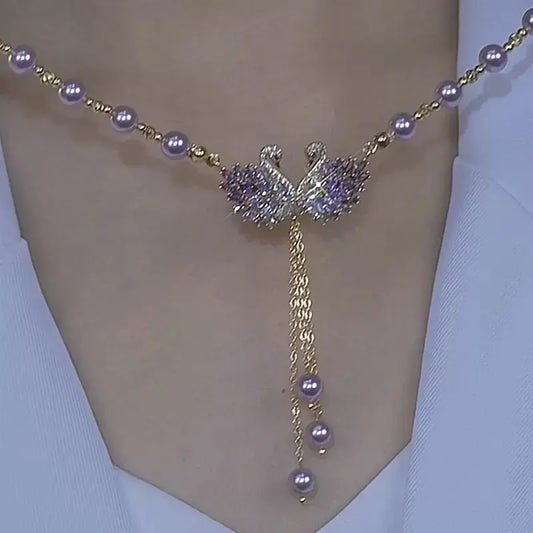 Luxury Purple Swan Necklace, Chic Minimalist Elegant Pendant, Fashion Statement Jewelry, Perfect Accessory for Cheongsam Dress Crystal Sparkling Collarbone Chain HNXL0001