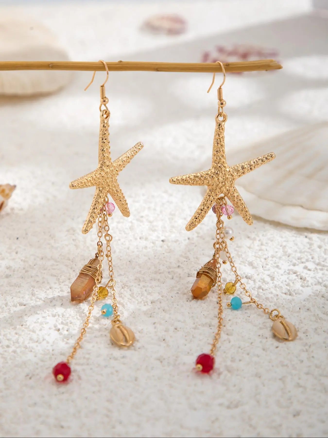 Women's Boho Style Alloy Statement Earrings, Ocean-Inspired Starfish Shell Design, Irregular Crystal Beaded Dangle Jewelry for Daily Wear & Vacation HNEH0012
