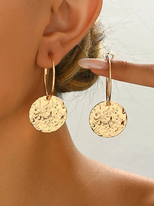 Fashionable Geometric Round Hammered Earrings, Cute Simple Design, Perfect Gift for Mother's Day, Graduation, Back-To-School, Teacher Appreciation, Trendy Jewelry, Fashion Jewelry Accessories HNEH0019