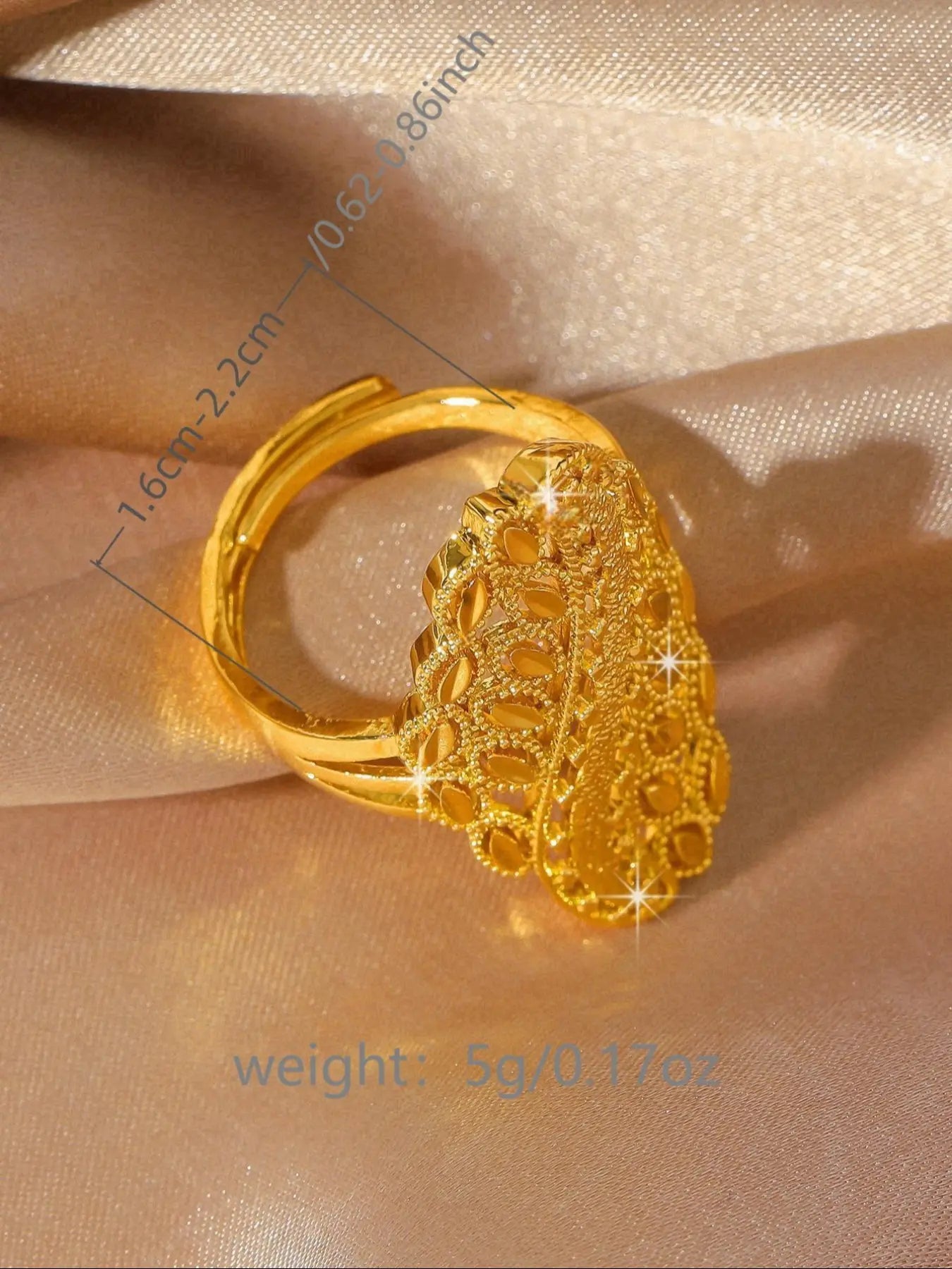 Gold Plated Copper Leaf Hollow Adjustable Ring, Middle Eastern Style Long Statement Ring for Women, Wedding Party Jewelry  HNJZ0058
