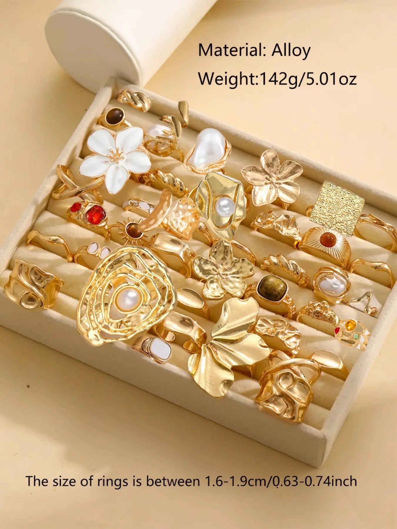 Mother's Day Gift Elegant Floral Imitation Pearl Ring Set, Zinc Alloy Wide Band Women's Rings, Statement Multi Ring, All-Season Jewelry Gift for Parties & Birthdays HNJZ0007
