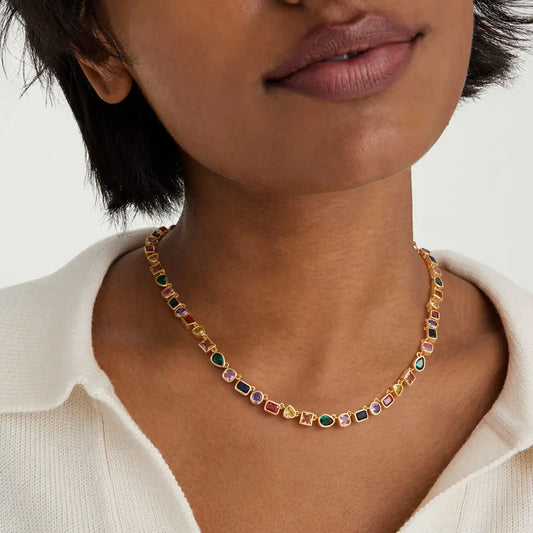 14K Gold Plated Rainbow Tennis Necklace - Unisex Colorful CZ & Emerald Gemstone Chain - 15+3.5” Adjustable Choker - Perfect Birthday Gift for Him & Her, mothersdaygift HNXL0026