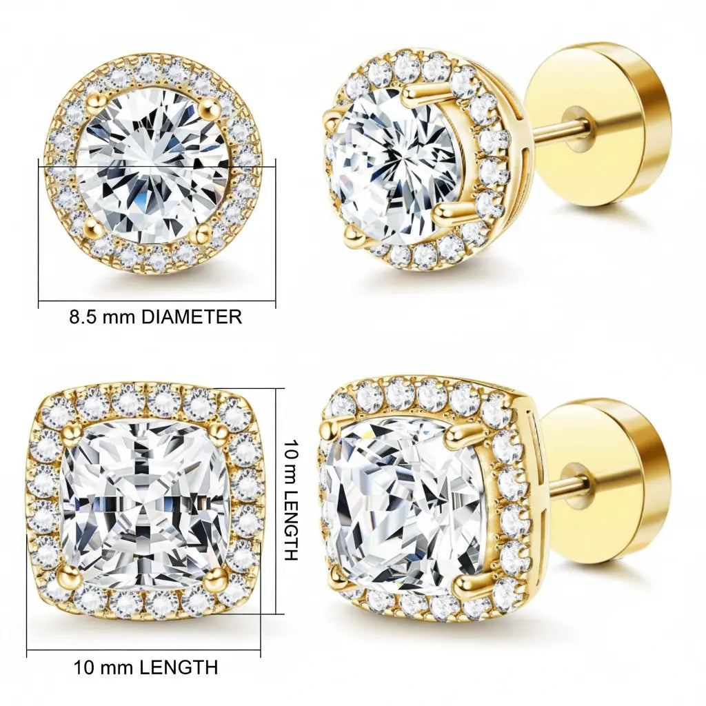 Women's Luxury Halo Zircon Stud Earrings 4-Piece Set - Gold, Silver Round/Square Styles, Low-Sensitivity Copper-Plated Metal Coating, Comfortable Daily Wear, Includes Jewelry Box, Boujee Gifts for Women HNEH0023