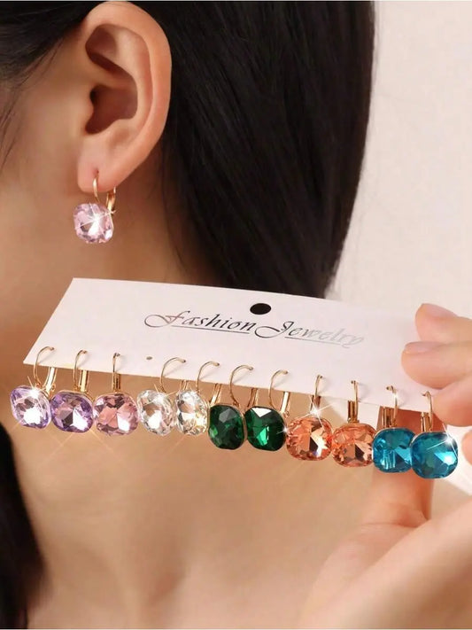 6 Pairs Colorful Glass Crystal Dangle Earrings, Elegant Drop Earrings, Fashion Jewelry for Women, Daily Wear & Gifting HNEH0064